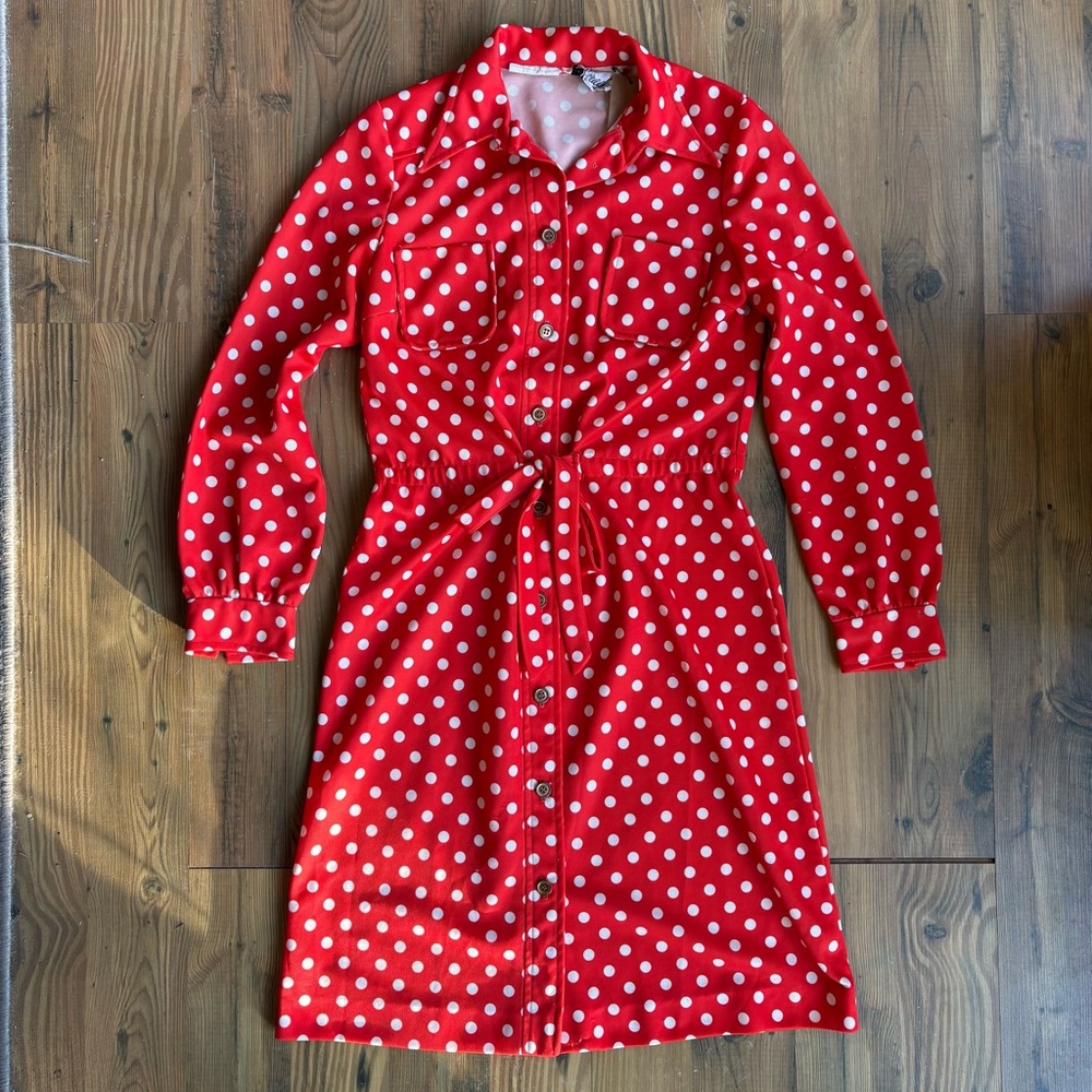 Vintage 70s Parade Red Polka Dot Button-Up Dress